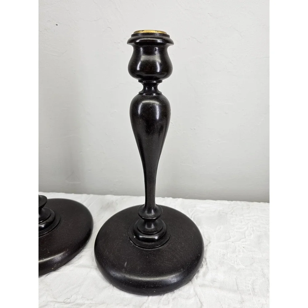 Antique 1900's Dark Wood Candlestick Holders Pair Ornate Brass‎ Top Elegant